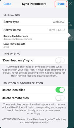 同期の設定をして「Sync」をタップ 同期の設定をして「Sync」をタップ